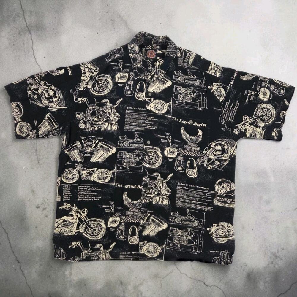 Harley Davidson AOP Blueprint Shirt Button-Up Biker Motorcycle Pocket Black XL
